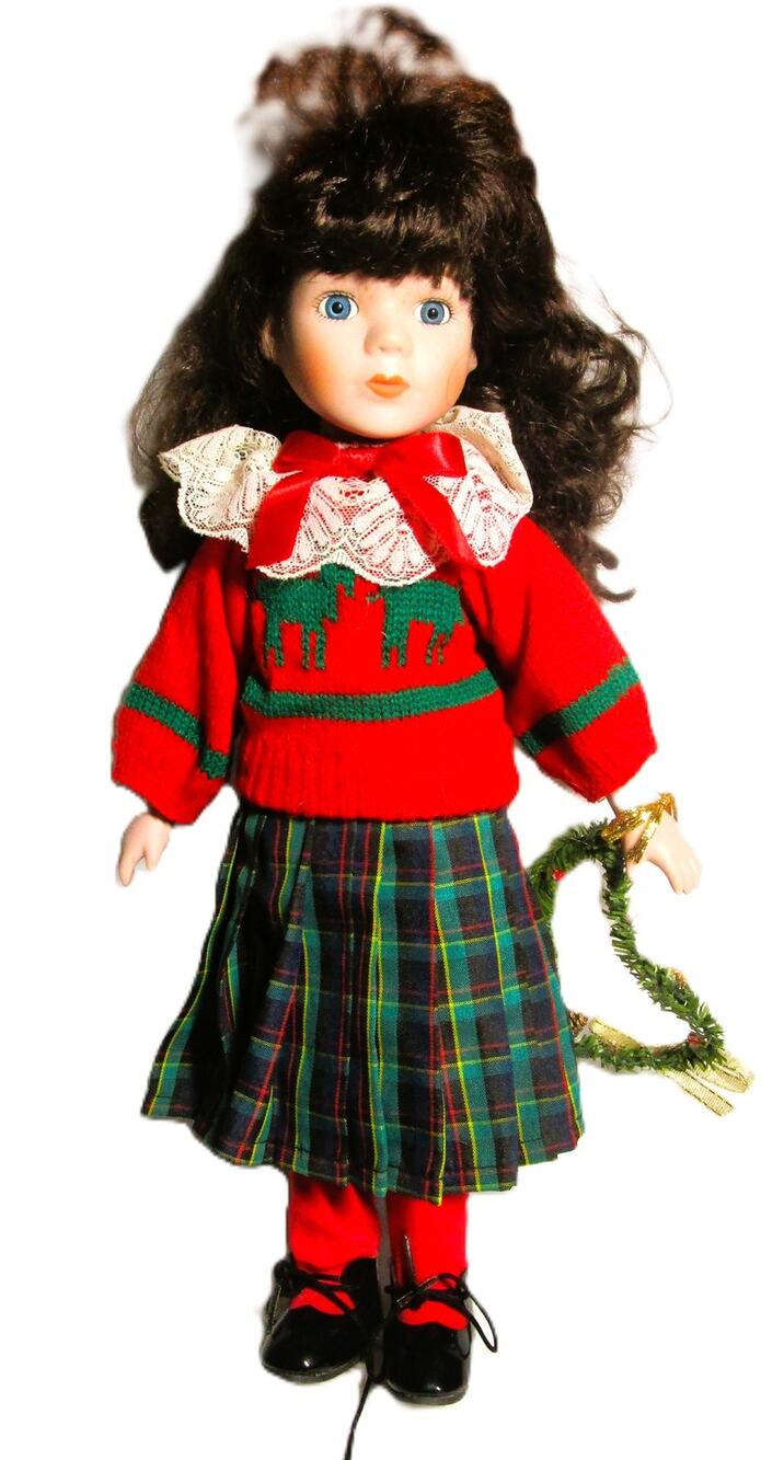 Collector Porcelain Christmas Doll 15 inches Red Sweater Plaid Skirt Wreath